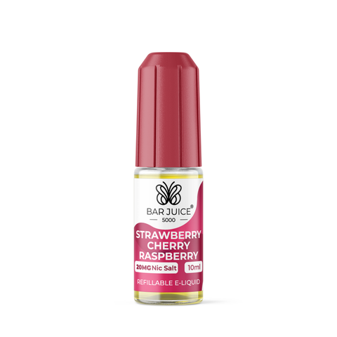 Red e-liquid bottle labeled 'Strawberry Cherry Raspberry - 20mg' by Bar Juice 5000 on a white background.