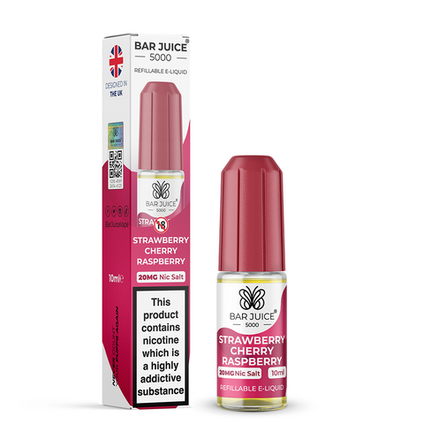 Red e-liquid bottle and carton labeled 'Strawberry Cherry Raspberry - 20mg' by Bar Juice 5000 on a white background.