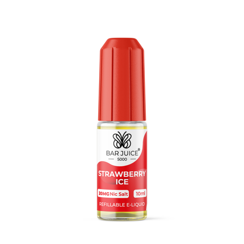 Red e-liquid bottle labeled 'Strawberry Ice - 20mg' by Bar Juice 5000 on a white background.