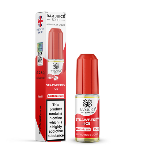 Red e-liquid bottle and carton labeled 'Strawberry Ice - 20mg' by Bar Juice 5000 on a white background.
