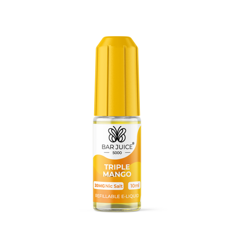 Orange e-liquid bottle labeled 'Triple Mango - 20mg' by Bar Juice 5000 on a white background.