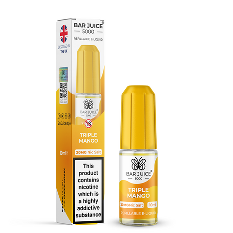 Orange e-liquid bottle and carton labeled 'Triple Mango - 20mg' by Bar Juice 5000 on a white background.