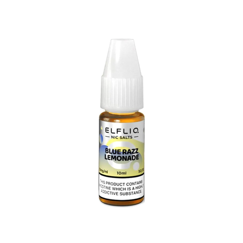 White e-liquid bottle labeled 'Blue Razz Lemonade- 20mg' by Elfbar Elfliq.