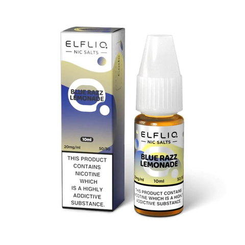 White e-liquid bottle and carton labeled 'Blue Razz Lemonade- 20mg' by Elfbar Elfliq.
