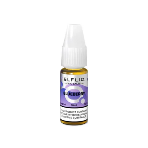 Purple e-liquid bottle labeled ‘Blueberry - 20mg’ by Elfbar Elfliq on a white background.