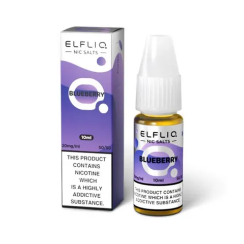 Purple e-liquid bottle and carton labeled ‘Blueberry - 20mg’ by Elfbar Elfliq on a white background.