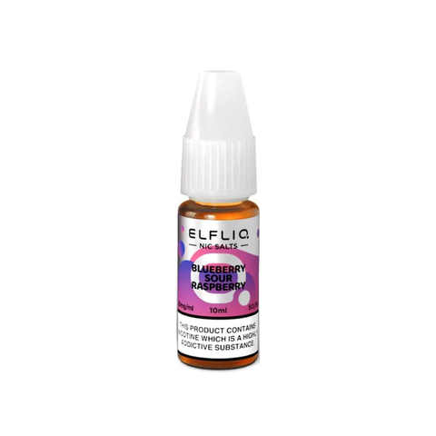 White e-liquid bottle labeled 'Blueberry Sour Raspberry- 20mg' by Elfbar Elfliq.