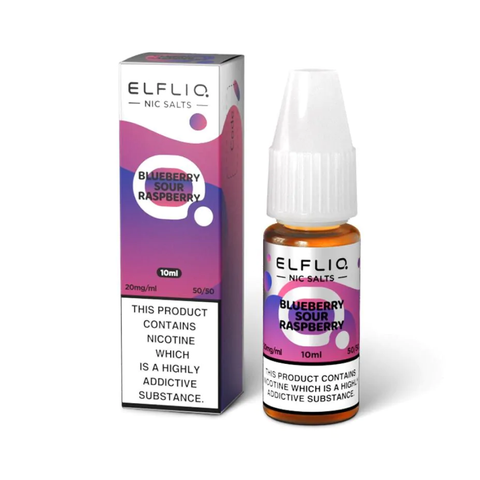 White e-liquid bottle and carton labeled 'Blueberry Sour Raspberry- 20mg' by Elfbar Elfliq.