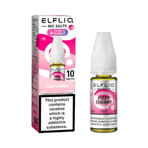 White e-liquid bottle and carton labeled 'Fizzy Cherry- 10mg' by Elfbar Elfliq.