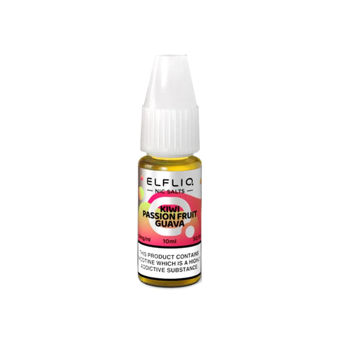 White e-liquid bottle labeled 'Kiwi Passion Fruit Guava- 20mg' by Elfbar Elfliq.