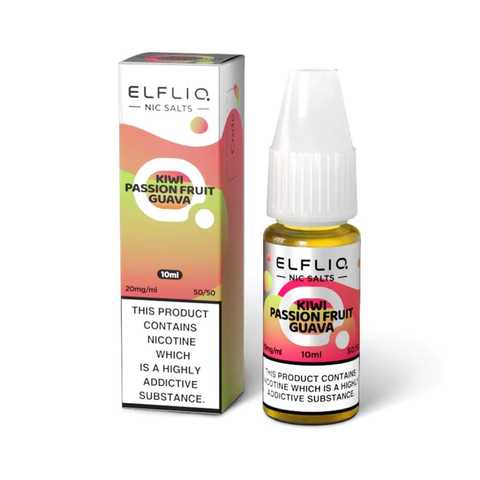 White e-liquid bottle and carton labeled 'Kiwi Passion Fruit Guava- 20mg' by Elfbar Elfliq.