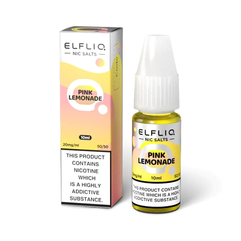 White e-liquid bottle and carton labeled 'Pink Lemonade- 20mg' by Elfbar Elfliq.