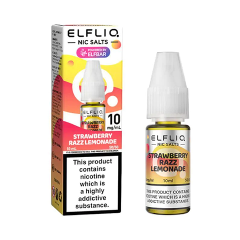 White e-liquid bottle and carton labeled 'Strawberry Razz Lemonade- 10mg' by Elfbar Elfliq.