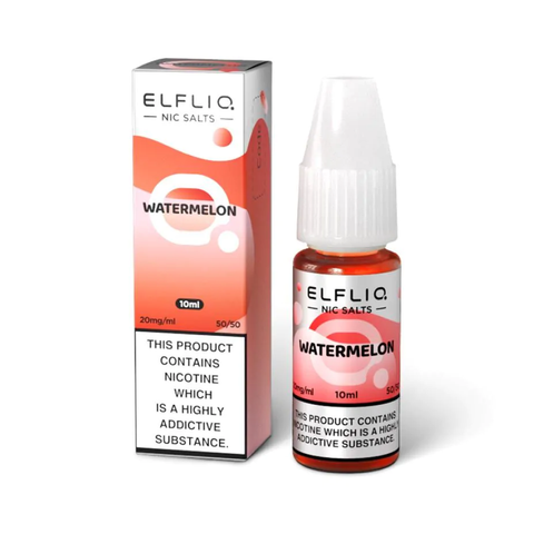 White e-liquid bottle and carton labeled 'Watermelon- 20mg' by Elfbar Elfliq.