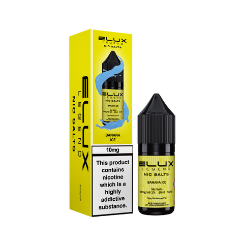 Black e-liquid bottle and carton labeled 'Banana Ice - 10mg' by Elux Legend.