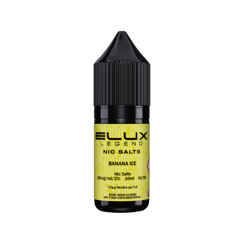 Black e-liquid bottle labeled 'Banana Ice - 20mg' by Elux Legend.
