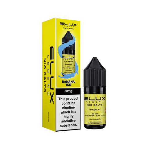 Black e-liquid bottle and carton labeled 'Banana Ice - 20mg' by Elux Legend.
