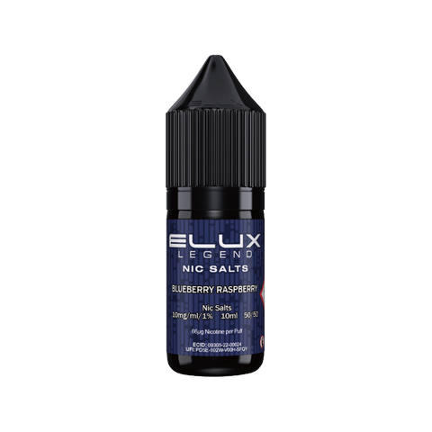 Black e-liquid bottle labeled 'Blueberry Raspberry - 10mg' by Elux Legend.