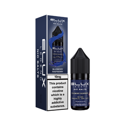 Black e-liquid bottle and carton labeled 'Blueberry Raspberry - 10mg' by Elux Legend.