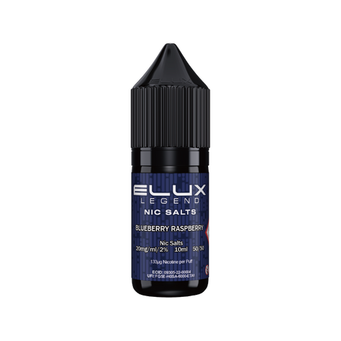Black e-liquid bottle labeled 'Blueberry Raspberry - 20mg' by Elux Legend.