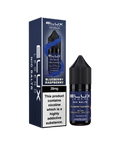 Black e-liquid bottle and carton labeled 'Blueberry Raspberry - 20mg' by Elux Legend.