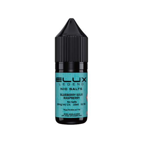 Black e-liquid bottle labeled 'Blueberry Sour Raspberry - 10mg' by Elux Legend.
