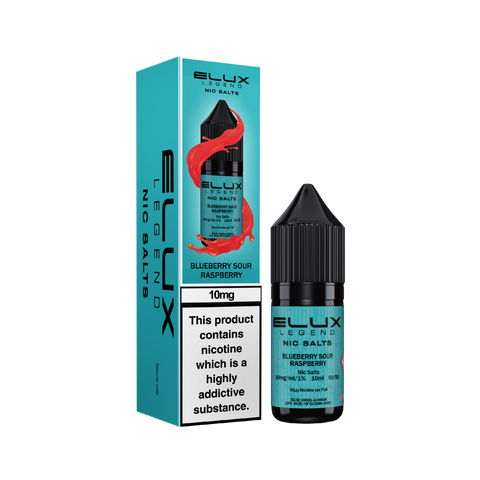 Black e-liquid bottle and carton labeled 'Blueberry Sour Raspberry - 10mg' by Elux Legend.