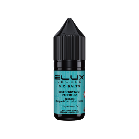 Black e-liquid bottle labeled 'Blueberry Sour Raspberry - 20mg' by Elux Legend.
