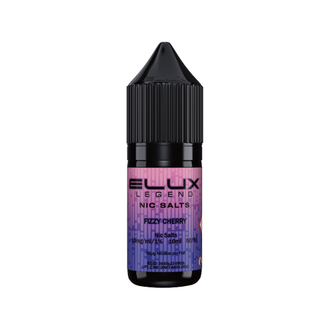 Black e-liquid bottle labeled 'Fizzy Cherry - 10mg' by Elux Legend.