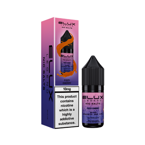 Black e-liquid bottle and carton labeled 'Fizzy Cherry - 10mg' by Elux Legend.