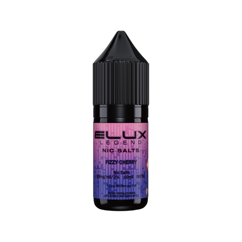 Black e-liquid bottle labeled 'Fizzy Cherry - 20mg' by Elux Legend.