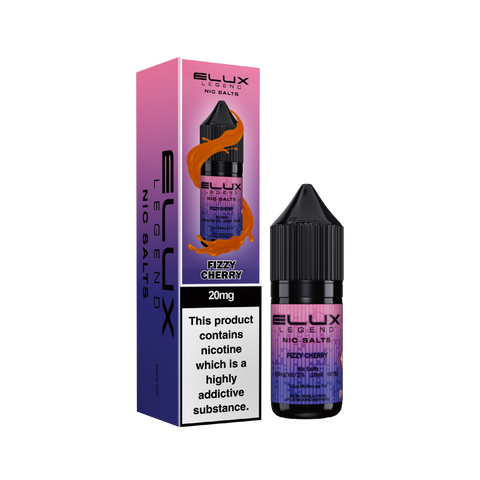 Black e-liquid bottle and carton labeled 'Fizzy Cherry - 20mg' by Elux Legend.