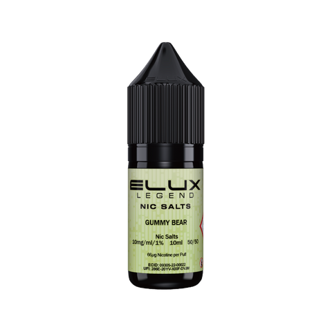 Black e-liquid bottle labeled 'Gummy Bear - 10mg' by Elux Legend.