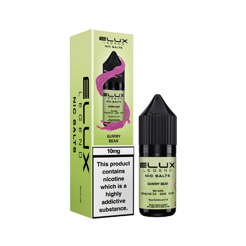 Black e-liquid bottle and carton labeled 'Gummy Bear - 10mg' by Elux Legend.