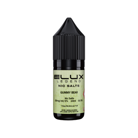 Black e-liquid bottle and carton labeled 'Gummy Bear - 20mg' by Elux Legend.