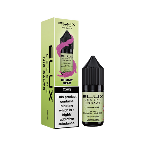 Black e-liquid bottle and carton labeled 'Gummy Bear - 20mg' by Elux Legend.