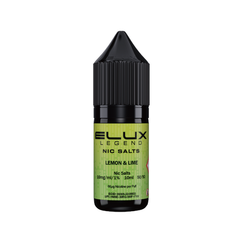 Black e-liquid bottle labeled 'Lemon & Lime - 10mg' by Elux Legend.