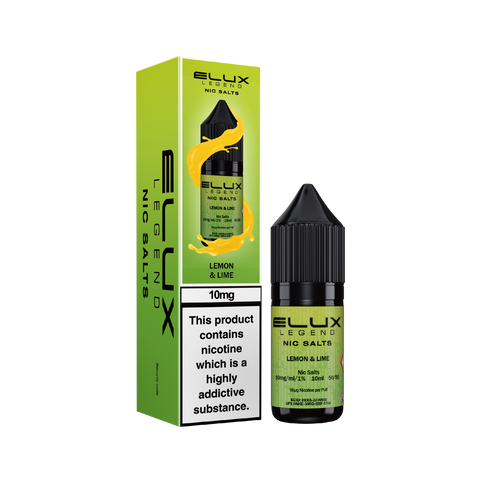 Black e-liquid bottle and carton labeled 'Lemon & Lime - 10mg' by Elux Legend.