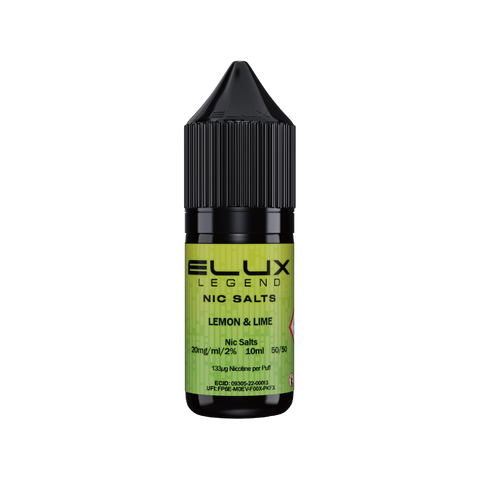 Black e-liquid bottle labeled 'Lemon & Lime - 20mg' by Elux Legend.