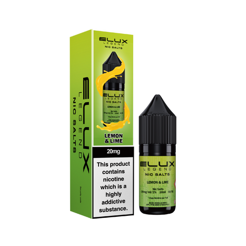 Black e-liquid bottle and carton labeled 'Lemon & Lime - 20mg' by Elux Legend.