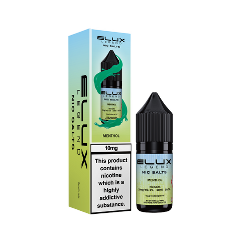 Black e-liquid bottle and carton labeled 'Menthol - 10mg' by Elux Legend.