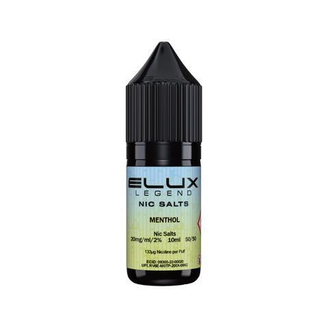 Black e-liquid bottle labeled 'Menthol - 20mg' by Elux Legend.