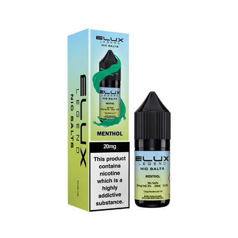 Black e-liquid bottle and carton labeled 'Menthol - 20mg' by Elux Legend.