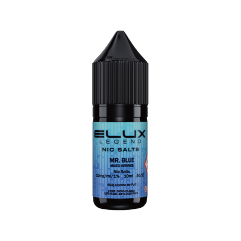 Black e-liquid bottle labeled 'Mr Blue - 10mg' by Elux Legend.