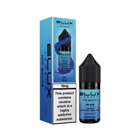 Black e-liquid bottle and carton labeled 'Mr Blue - 10mg' by Elux Legend.