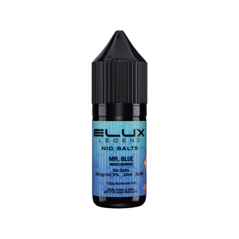 Black e-liquid bottle labeled 'Mr Blue - 20mg' by Elux Legend.