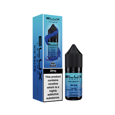 Black e-liquid bottle and carton labeled 'Mr Blue - 20mg' by Elux Legend.