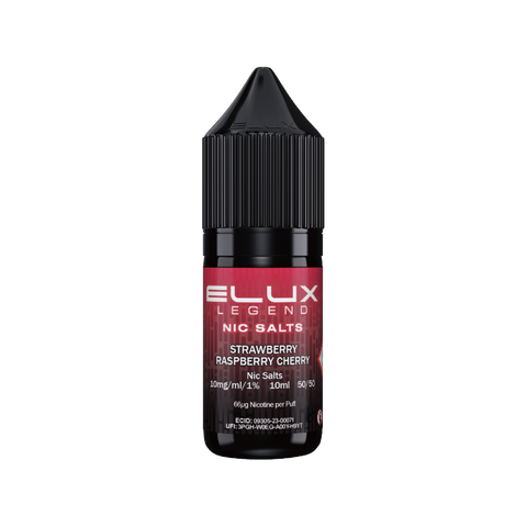 Black e-liquid bottle labeled 'Strawberry Raspberry Cherry - 10mg' by Elux Legend.