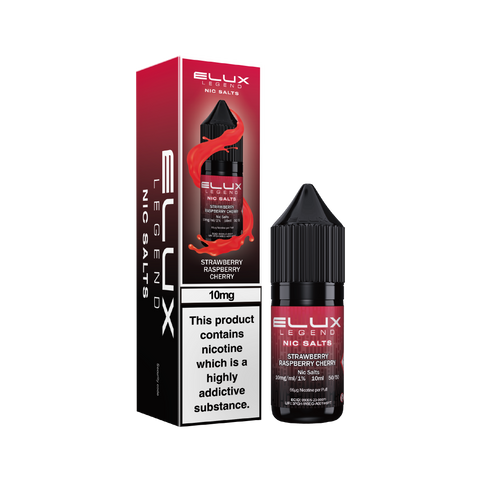 Black e-liquid bottle and carton labeled 'Strawberry Raspberry Cherry - 10mg' by Elux Legend.