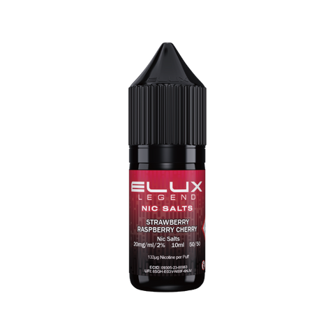 Black e-liquid bottle labeled 'Strawberry Raspberry Cherry - 20mg' by Elux Legend.